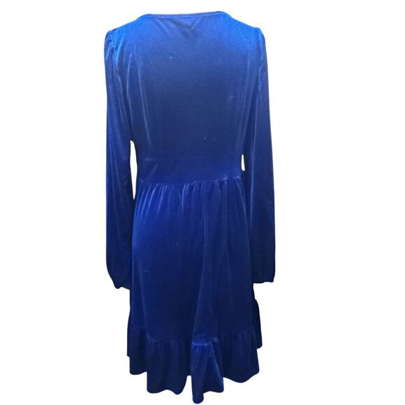 NWT Velvet sapphire blue tiered midi holiday dress elegant balloon sleeve sz L - Picture 2 of 11
